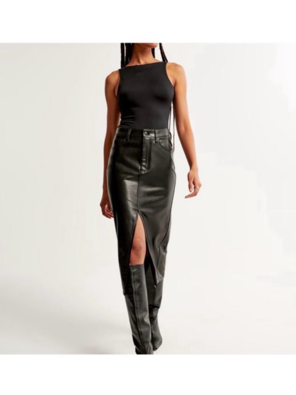 Abercrombie & Fitch Black Faux Leather High-Waist Midi Skirt with Front Slit